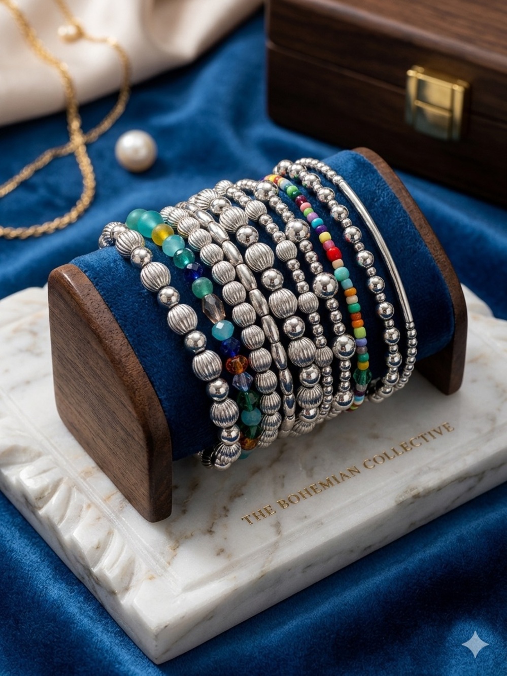 Boho Silver Multi-Color Beaded Stretch Bracelet Set - Women Jewelry